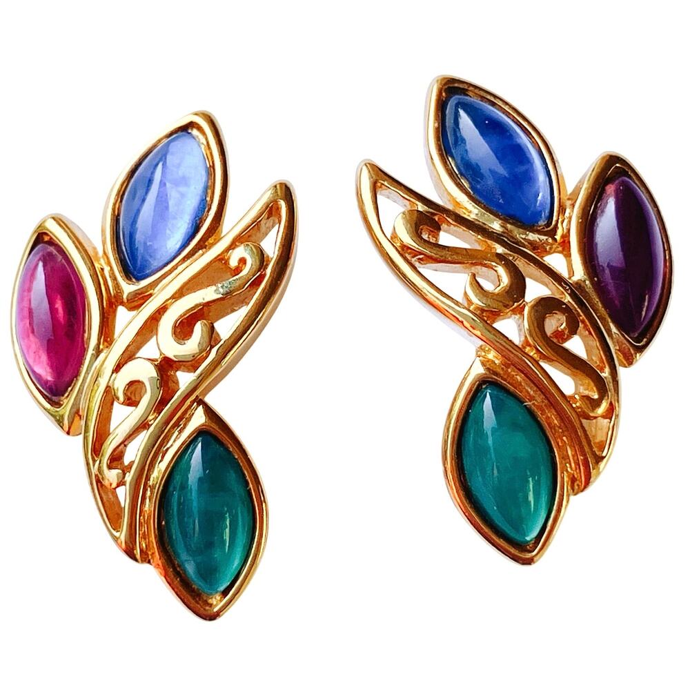 VTG Signed Trifari 1990s Gold Tone Clip On Earrings Jewel Tone Glass Cab Retro